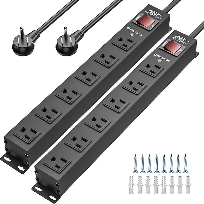CRST 2Pack 6 Outlet Heavy Duty Power Strip with Switch, 15A/1875W Metal Mountable Power Strip Surge Protector 2100Joules, Wide Spaced Power Bar for Garage Workshop Home School, 6 FT Cord(Black)