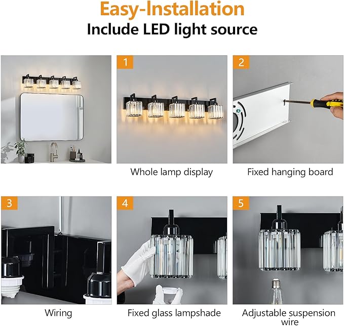 FDPBY Modern Bathroom Vanity Light 5-Lights Plating Black Vanity Light Crystal Wall Light Bathroom Light Fixtures