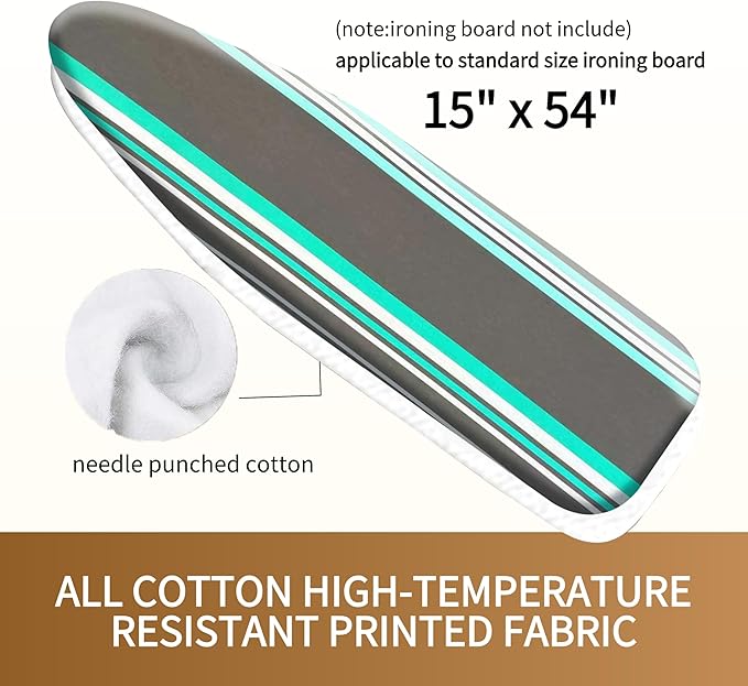 Bumkimue Ironing Board Cover and Pad, Standard Size 15x54 Inches, Blue Floral Pattern, Heavy Duty Padded, Elastic Edge, Scorch Resistant (Green and Gray Stripes)