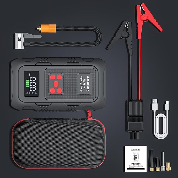 HPBS 6000A Jump Starter with Air Compressor, Portable Car Battery Jump Starter with 150 PSI Tire Inflator for Up to 10.0L Gas and 8.0L Diesel Engines, 12V Jump Box with LCD Display