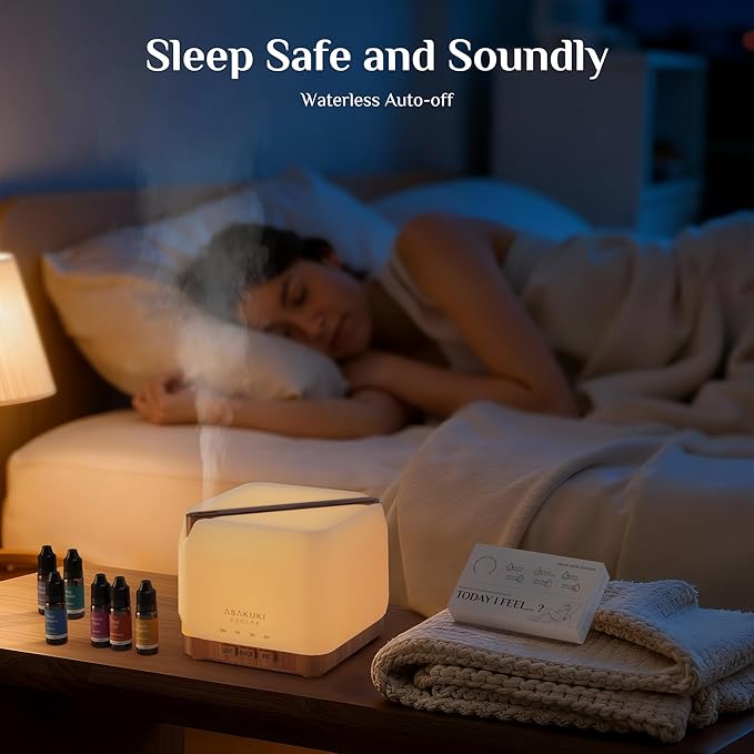 ASAKUKI Essential Oil Diffuser 700ml, Ultrasonic Aromatherapy Humidifier with Top 6 Essential Oils Set, 7 LED Colors, Timer & Auto-Off, Large Room Diffuser