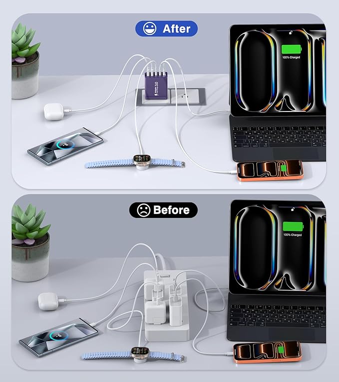 [2Pack] 60W USB C Plug,5-Port Fast Charger Block PD+QC Cube Wall Charging Box Brick for iPhone 17/16/15/14/13 for Samsung Galaxy S25/S24/S23/S22/S21+/S21 Ultra, Magsafe Wireless Charger,(Purple)