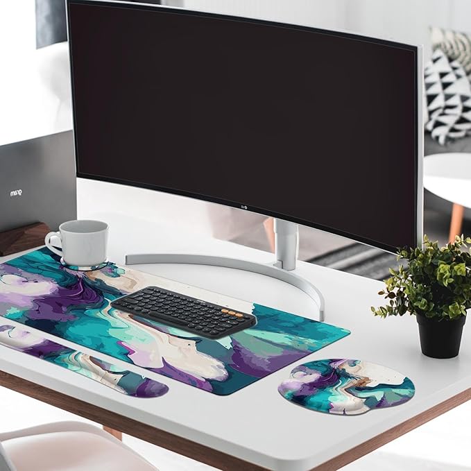 Britimes Teal and Purple Liquid Marbling Keyboard Mouse Pad Set 4in1 Large Mousepad+Keyboard Wrist Rest+Mouse Wrist Rest+Coaster Set with Ergonomic Design for Home Office Computer 35.4x15.7 inches