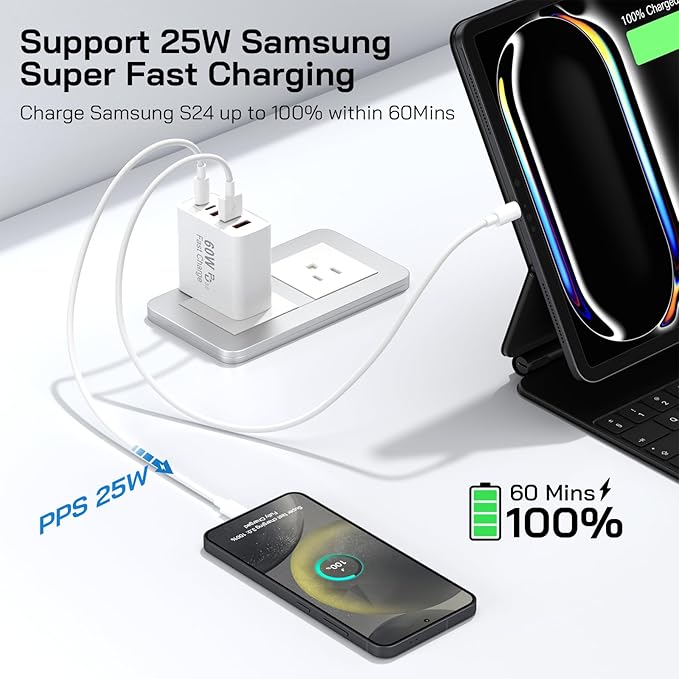 2Pack USB C Fast Charger Block, Total 60W 5-Port USB C Wall Charger with 6.6FT USBC to USBC Cord, 2USB C+3USB A PD 3.0 Multiport Charging Cube for iPhone 17 16 15 Pro Max, G-alaxy S25 S24 Ultra, i Pad