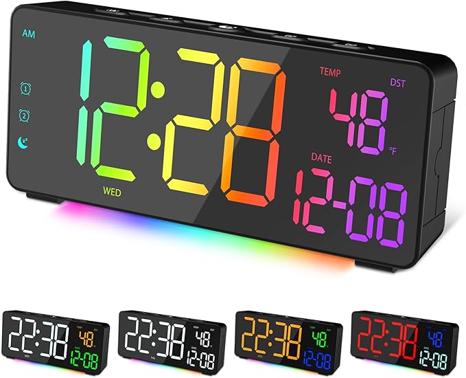 EVILTO Digital Alarm Clocks for Bedrooms, RGB Desk Clock with 15 Color Display, Date Temperature and Weekday, DST, Snooze, 2 Alarms, Ambient Lighting for Living Room, Bedside Office Gaming Desk Decor