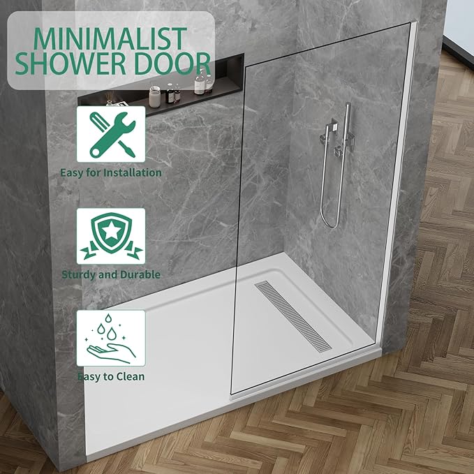 35"x74" Semi-Framed Shower Screen, Single Fixed Shower Glass Panel for Bathroom, 3/8" Tempered Glass with Dual-Sided Nano Coating, Reversible Install, Bright Chrome