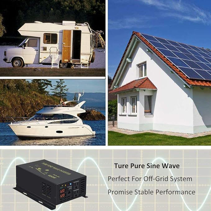 WZRELB 600W 12V 120V Pure Sine Wave Power Inverter with 2 AC Outlets Wired Remote Control