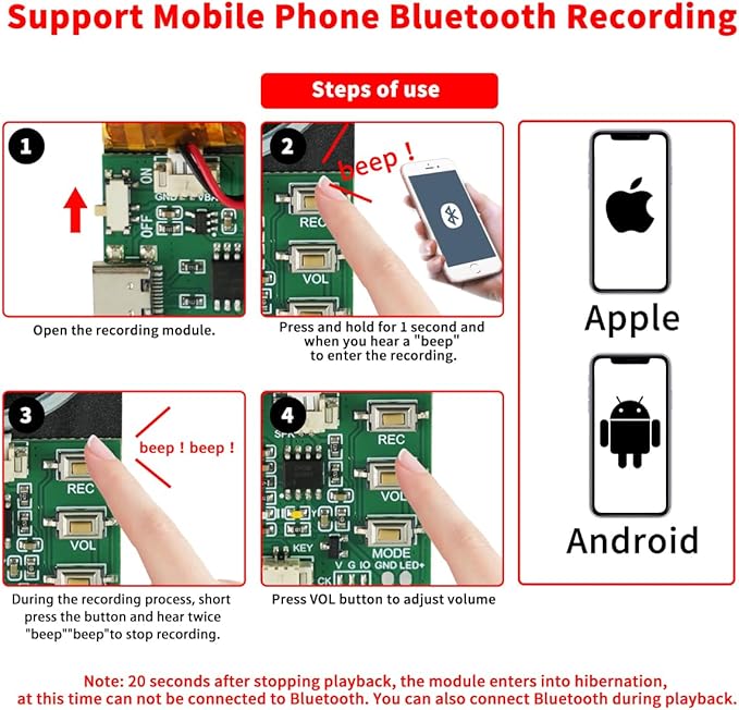 Sound Module, Support Bluetooth & MIC Recording Audio, 8MB Voice Chips with Speaker,8 Min Easy Sound Recording Chip for Personalized Greetings, DIY Projects, Holiday Crafts ect.