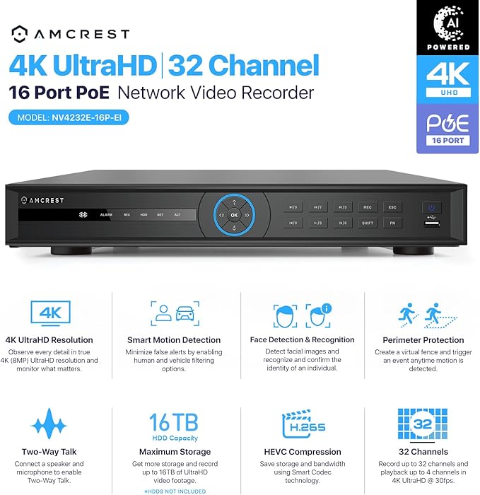 Amcrest 4K 32-Channel AI NVR (16-Port PoE) Smart NVR, Facial Recognition, Facial Detection & Vehicle Detection - Supports 32 x 4K IP Cameras, Supports up to 2 x 16TB HDD (Not Included) NV4232E-16P-EI