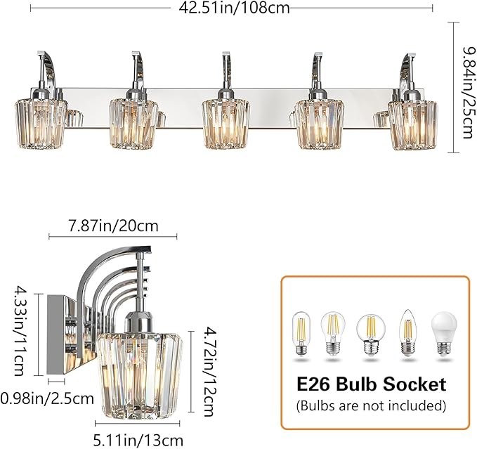 FDPBY Modern Bathroom Vanity Light, 5-Light Chrome Wall Sconce with Crystal Accents, Over Mirror Bathroom Lighting Fixture, 42.52" Long Dimmable Vanity Lamp for Makeup, Easy Installation