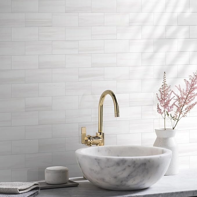 Vamos Tile 4-Piece Glossy Dolomite White Peel and Stick Backsplash Tile,3''x6'' PVC Subway Tile with White Grout, Stick on Backsplash for Kitchen/Bathroom/Fireplace