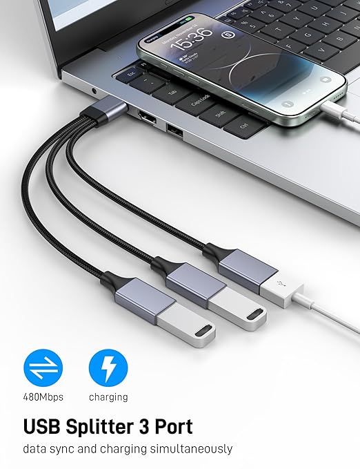 KAYQINHO USB Splitter 1 in 3 Out, USB A Male to 3 Female USBA Ysplitter, USB Y Splitter Adapter Dual Type A Power Cord for Charging, Data Transfer, Laptop, Mac(2 Pack)