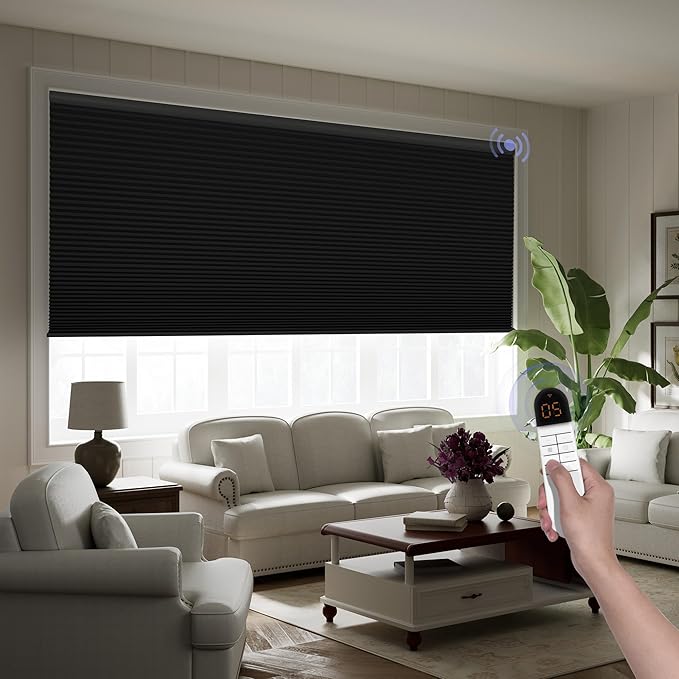 Boolegon Motorized Blinds with Remote, 100% Blackout Smart Blinds, Automatic Cellular Shades for Windows, Rechargeable Electric Honeycomb Shades for Home,Blackout Black,Custom Size