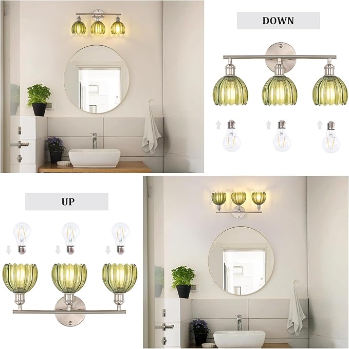 Shenmoyl Bathroom Light Fixtures, 3-Light Vanity Wall Light Over Mirror with Green Tulip Glass Shade for Bedroom Living Room (Bulb Not Included), Satin Nickel