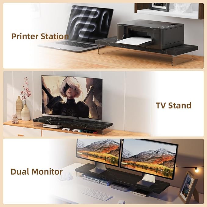 SSWOOD Monitor Stand Riser, Wood & Acrylic Computer Monitor Stand Desk Desktop Organizer Table for Home, Office Workspace, Laptop Riser, Printer, PC & TV Screen Riser