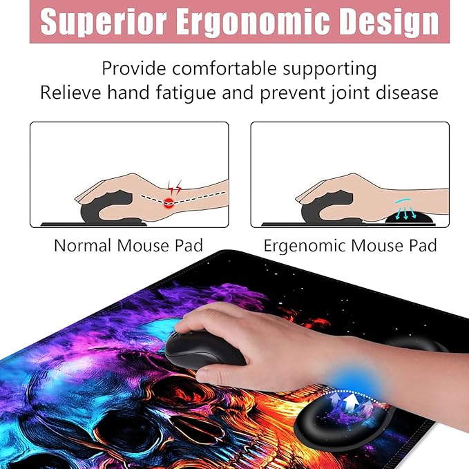 BFUKVOU Large Keyboard Mouse Pad Set, Extended Mouse Pad+Keyboard Wrist Rest Support, Memory Foam Ergonomic Easy Typing, 4Pcs (31.5×11.8 in) Desk Pad Set for Office Home,Smoke Skulls