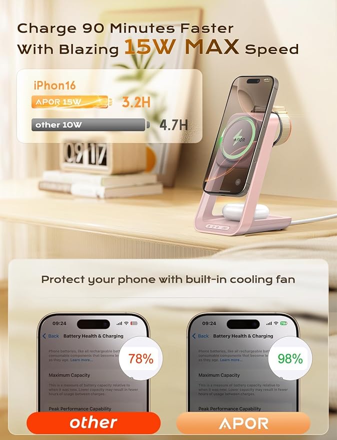 Apor 3 in 1 Charging Station for iPhone, Magsafe Wireless Charger with Cooling Fan for iPhone 17 16e 16 15 14 13 12 Series & Apple Watch Charger, Wireless Charging Station for AirPods 4/3/Pro (Pink)