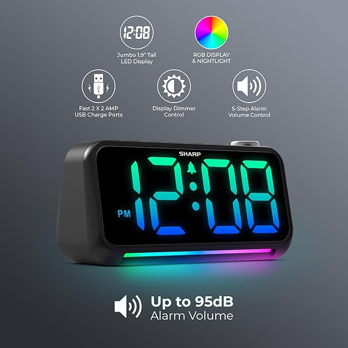 Sharp LED Digital Clock for Bedroom, Super Loud Alarm Clock for Heavy Sleepers for Bedside, Nightstand, Desk Clock with RGB Night Light/Display with Adjustable Color/Volume/Brightness/Snooze