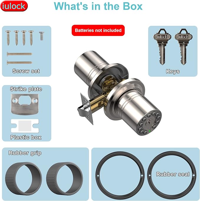 iulock Smart Door Knob with Keypad and Key,Keyless Entry Door Lock with Rubber Grip, Auto Lock,50 User Code,Waterproof, Easy to Install and Program for Bedroom(Stain Nickel Same Key 4 Pack)