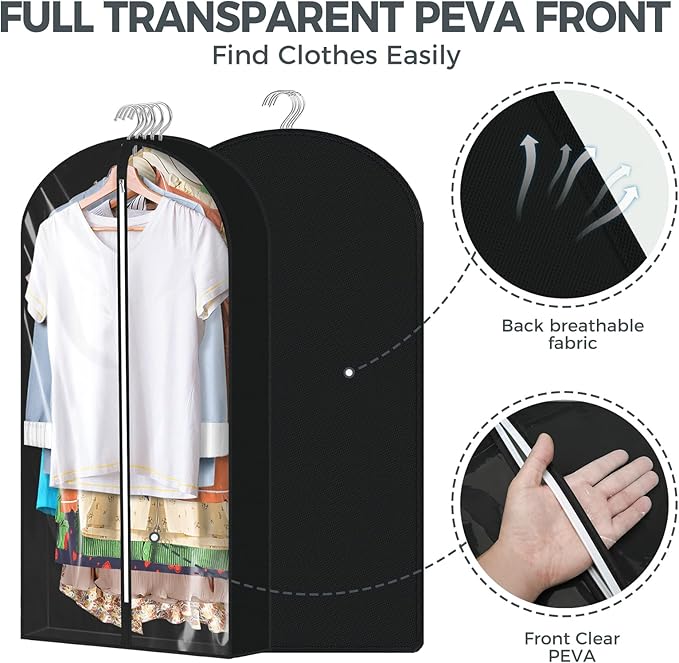 4 pack 60" Clear Garment Bags for Hanging Clothes, Suit Bags for Closet Storage, Clothing Storage, Garment Bags for Travel Covers with 4" Gussets for Coats, Jackets, Shirts, Dresses & Sweater, Black