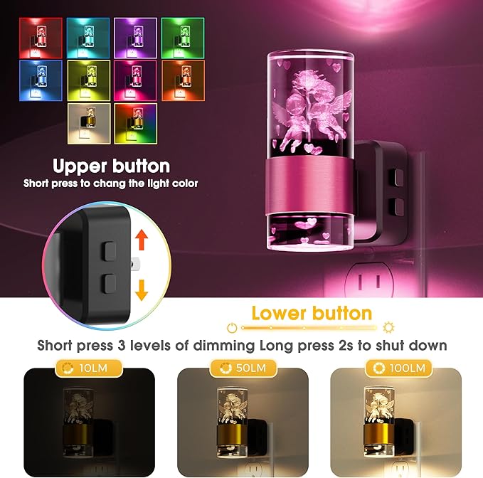 L LOHAS LED Night Lights Plug into Wall,[2-Pack] Dusk to Dawn Nightlight,9 Colors Changing,Adjustable Brightness,Acrylic Decorative Night Lights for Bathroom,Wedding,Birthday Gift