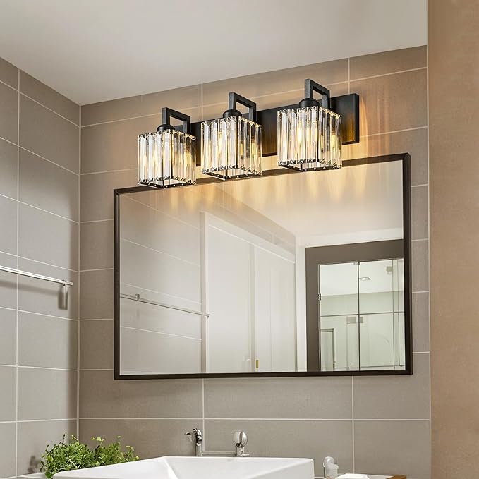 FDPBY Modern Bathroom Vanity Light 3-Lights Black Crystal Wall Lamp Bathroom Modern Crystal Vanity Lighting