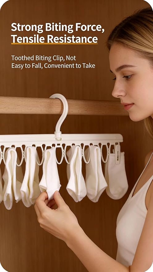 Socks Drying Racks Hanger Socks Organizer Hook Hanger with 54 Clips, Clothes Drying Racks Windproof for Drying Socks Bras Underwears Baby Clothes, Hats Scarfs Towels Pants and Gloves Diaper (Grey)