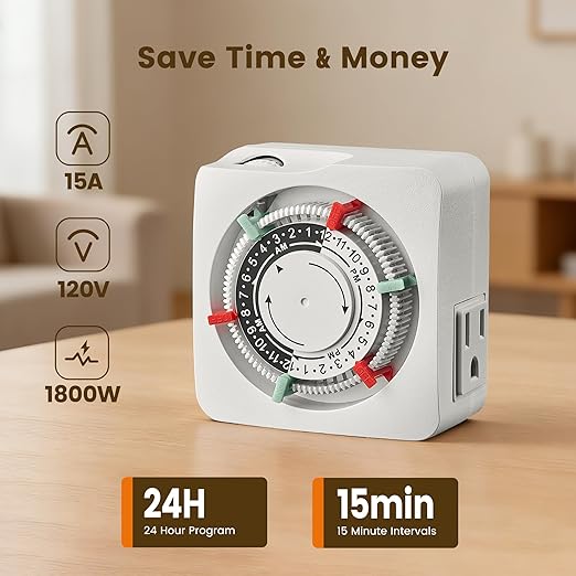 SURAIELEC Mechanical Timer with 2 Grounded Outlets, Indoor Electrical Plug in Timer with Trippers, 24-Hour Programmable and 3 Prong Outlets for Christmas Decorations, Plant Lights, Fan, 15A, White