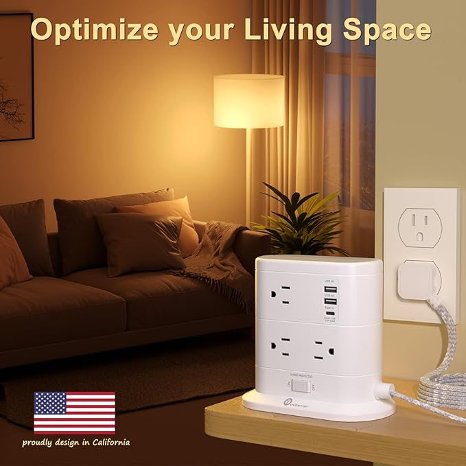 Overtop Tower Power Strip with Surge Protection, Nightlight Flat Plug Power Strip with 7 AC Outlets 3 USB Ports, 1625W/13A 1600J, 6.5Ft Extension Cord with Multiple Outlets, Office Supplies, Dorm