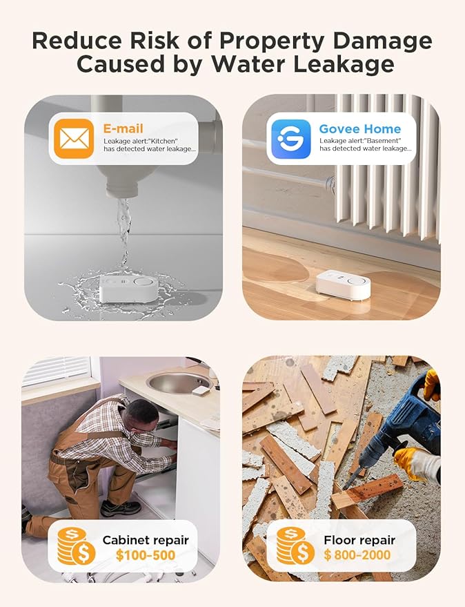 Govee WiFi Water Leak Detector 3 Packs, Leak Alert with Remotely Email/APP Push and Sound Alarm, Smart Water Sensor with 100dB Adjustable Alarm, Suit for Home and Basement