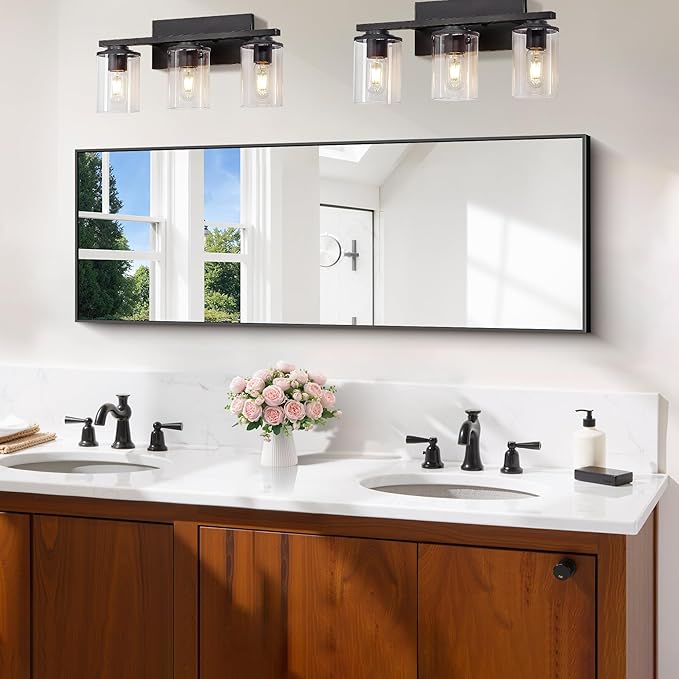 Black Bathroom Mirror for Wall, 16x48 Inch Rectangle Mirror with Metal Frame, Modern Vanity Mirrors for Bathroom Living Room, Entryway Hangs Horizontal or Vertical