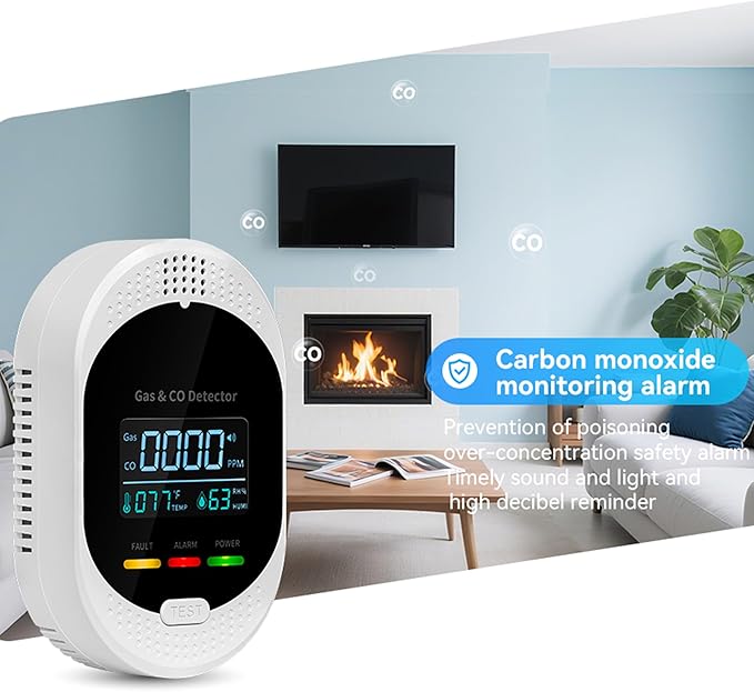 2PCS 4-in-1 Carbon Monoxide & Natural Gas Detectors with Temperature/Humidity LCD Display, Plug in Co Leak Detector Propane Monitor for Home Travel RV Essentials, Sound Alarm Over 85dB
