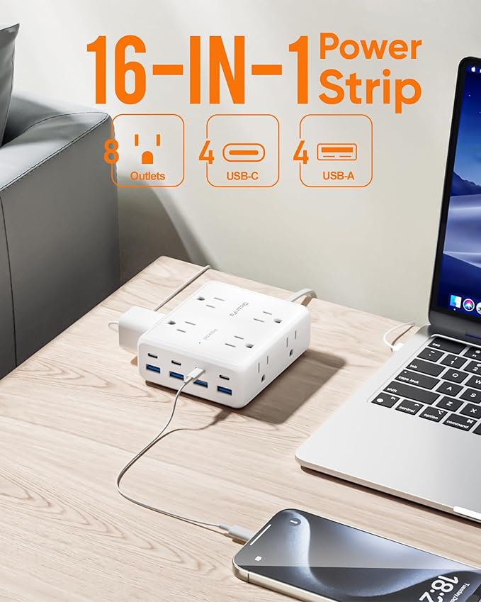 Olcorife Power Strip 8 AC with 8 USB Ports, 10 FT Flat Plug Extension Cord, 2000 Joules Surge Protector, 30W Charging Station, Home Office College Dorm Room Essentials