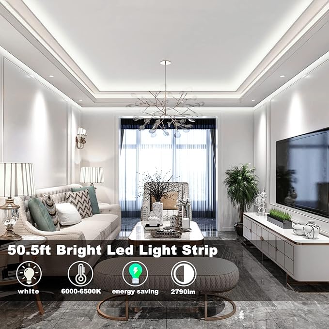 MY BEAUTY LIGHT LED Strip Lights White, 50.5ft Dimmable LED Light Strip with RF Remote, 24v Plug-in Adhesive Rope Lights with Timing Mode for Living Room Bedroom Kitchen