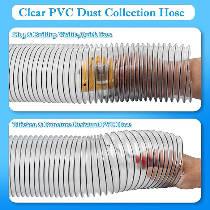 6" x 20' PVC Dust Collection Hose,6 Inch Dust Collector Vacuum Hose for Woodworking Dust Collection Systems, Dust Collection Tube Flexible Clear PVC Fume Debris Collection Hose w/Carbon Steel Wire