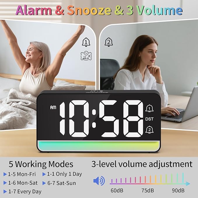 Alarm Clocks for Bedrooms, Digital Bedside Clock with RGB Night Light, Adjustable Volume for Heavy Sleepers, USB Charger, Large Display, Modern Decor for Desk, Dimmable Alarm Clock for Kids(Black)