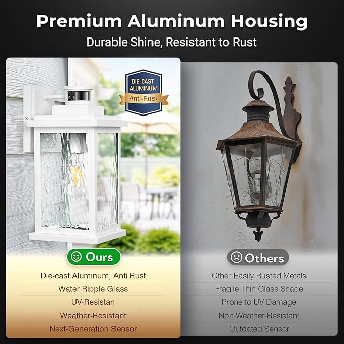 VIANIS Large Adjustable Sensitivity Motion Sensor Exterior Porch Lights, 2 Pack White Dusk to Dawn Outdoor Lighting, Anti-Rust Waterproof Front Porch Light for Garage, Front Door
