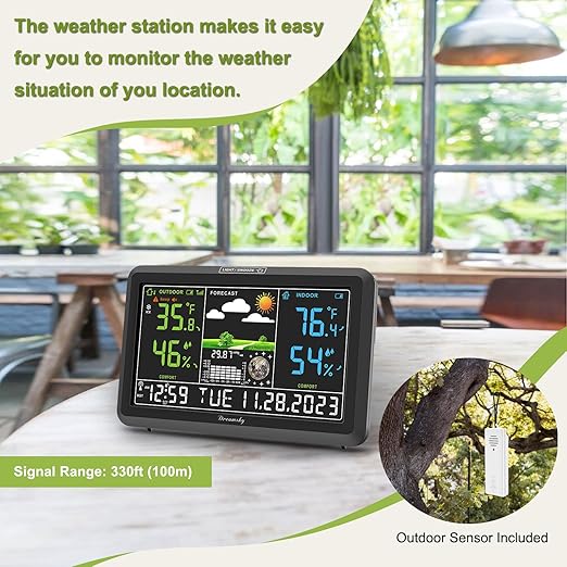 DreamSky Weather Station Indoor Outdoor Thermometer Wireless with Digital Atomic Clock for Home, Large Display with Dimmer, USB Port, Inside Outside Temperature Humidity Monitor (Adapter Powered)