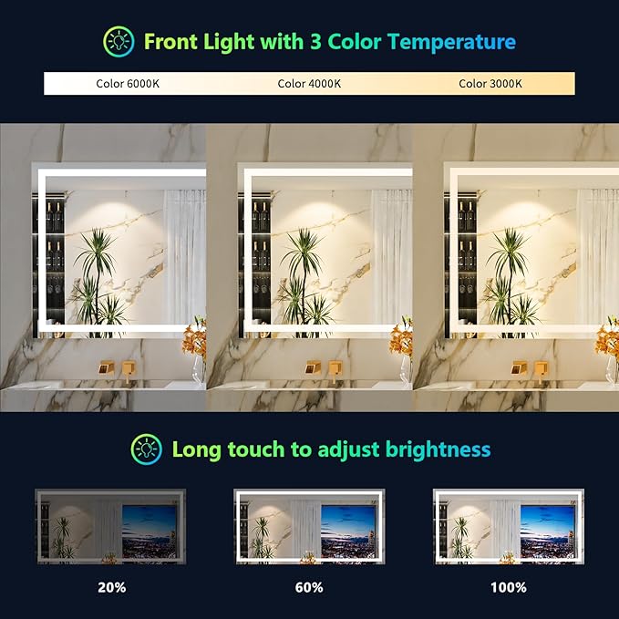 YEELAIT 72x36 Inch RGB LED Bathroom Mirror Front Light and RGB Backlit Lighted Vanity Mirror for Bathroom Wall Mounted Dimmable Anti Fog Memory Shatter-Proof IP54 Waterproof Horizontal/Vertical