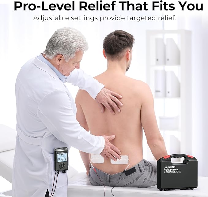 AUVON Rechargeable Digital TENS Unit Muscle Stimulator with 600 mAh Battery, TENS Machine with 8 Customizable Modes, Electric Massager for Shoulder, Back Pain Relief, 6 TENS Pads, A Carry Case