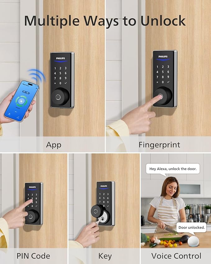 Philips Wi-Fi Smart Door Lock, Keyless Entry Door Lock with App Control,Fingerprint ID,Auto Lock,Keypad Deadbolt with Wi-Fi Bridge Adaptor,Smart Locks for Front Door-Matte Black