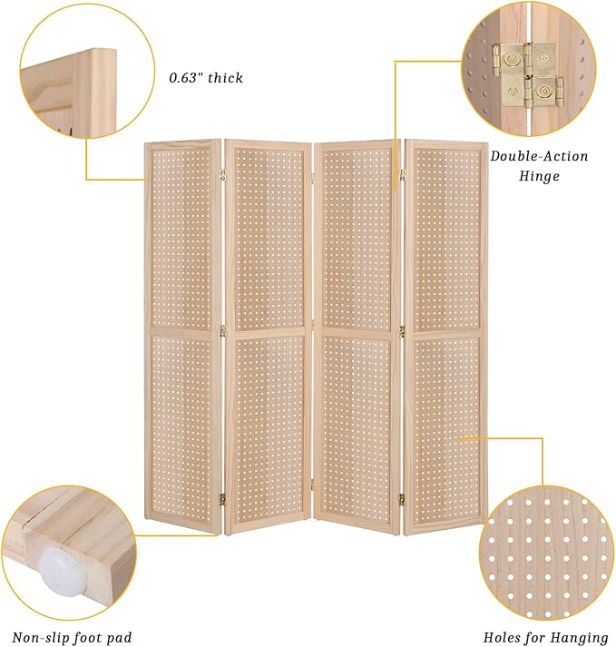 Bonnlo 4 Panel Pegboard Freestanding, 5 FT Portable Display Board Organizer for Craft Show Jewelry, Wooden Folding Privacy Screen Room Divider (with Base, Natural)