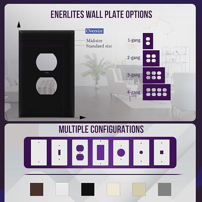 ENERLITES Duplex Receptacle Outlet Wall Plate, Jumbo Electrical Outlet Cover, Gloss Finish, Oversized 1-Gang 5.51" x 3.50", Polycarbonate Thermoplastic, 8821O-BK, Black