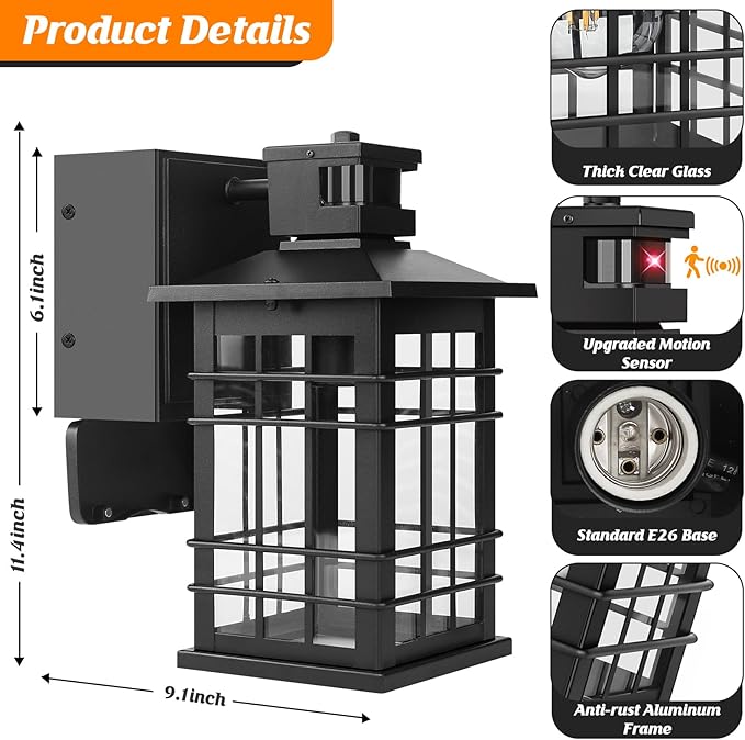2-Pack Porch Lights with GFCI Outlet, Motion Sensor Dusk to Dawn Waterproof Outdoor Wall Lights, 3 Lighting Modes Black Exterior Light Fixtures for Front Door, Outside Wall Lanterns for House Garage