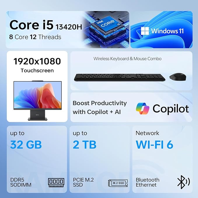 Lenovo IdeaCentre I All-in-One PC, 24" FHD 100Hz Touchscreen Display, Intel Core i5-13420H, 16GB DDR5 RAM, 1TB SSD, Wi-Fi 6, Win 11 Pro, Wireless KB & M, Business Integrated Desktop Computer, Black