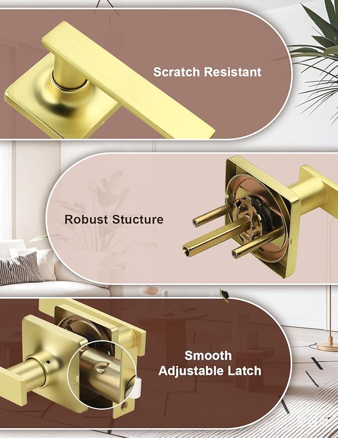 Mengico 10 Pack Passage Door Levers Gold Finish, No-Locking Keyless Square Door Knob, Interior Door Handles for Closet and Hallway, Reversible for Left & Right Handed