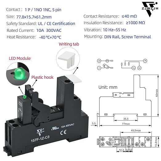 6 Pcs 12 Amp Power Relay Switch 12V DC Relay Coil, 5 Pin SPDT 1NO 1NC with Test Button, LED Module Light, Socket Base, DIN Rail