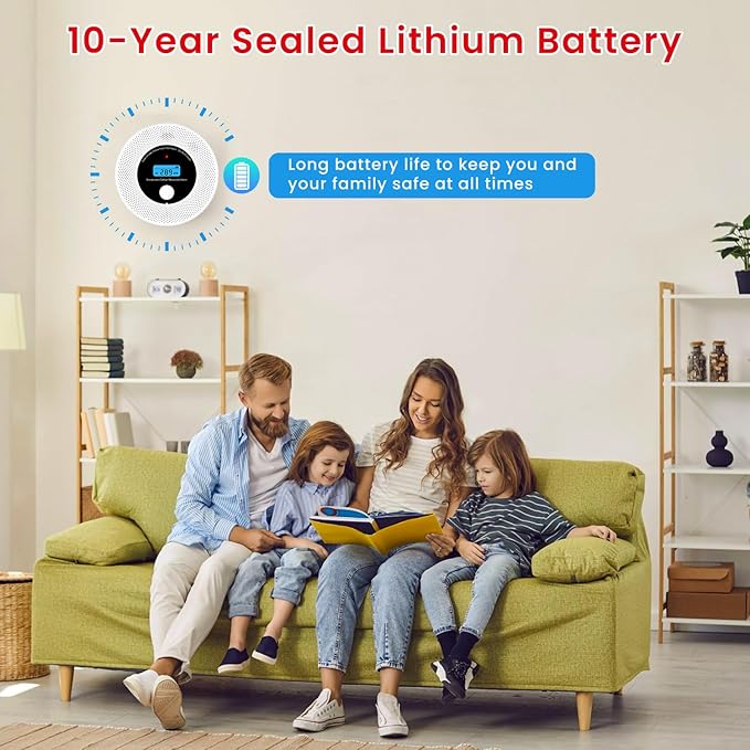 Alertlink 2-in-1 Smoke and Carbon Monoxide Detector Alarm, with Voice Alert,10-Year Battery Fire & CO Alarm with Large LCD Display, Easy Install with Adhesive or Screws