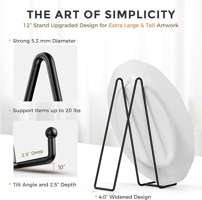 TR-LIFE 4 Pack 12 Inch Large Plate Stands/holder for Display - Metal Picture Frame Holder Stand + Easels for Platter, Book, Plaque, Photo, Table top Art