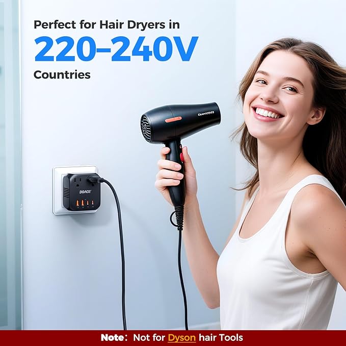 DOACE 220V to 110V Voltage Converter US to Europe - 2000W Converter for European Travel, Power Converter Adapter Combo with 2 PD/QC & UK/AU/US/IT/European Travel Plug Adapters for Hair Dryer Phone